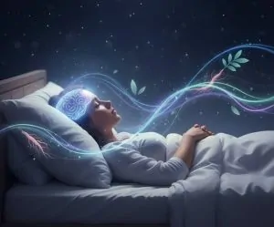 Femme dormant paisiblement dans un lit confortable — science du sommeil profond naturel