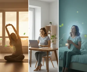 Femme intégrant un complément naturel dans sa routine matinale — routine ashwagandha Shoden