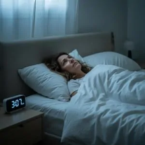 Femme allongée dans l'obscurité, les yeux ouverts, incapable de dormir — rôle du cortisol dans les réveils nocturnes