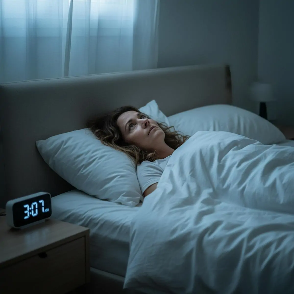 Femme allongée dans l'obscurité, les yeux ouverts, incapable de dormir — rôle du cortisol dans les réveils nocturnes