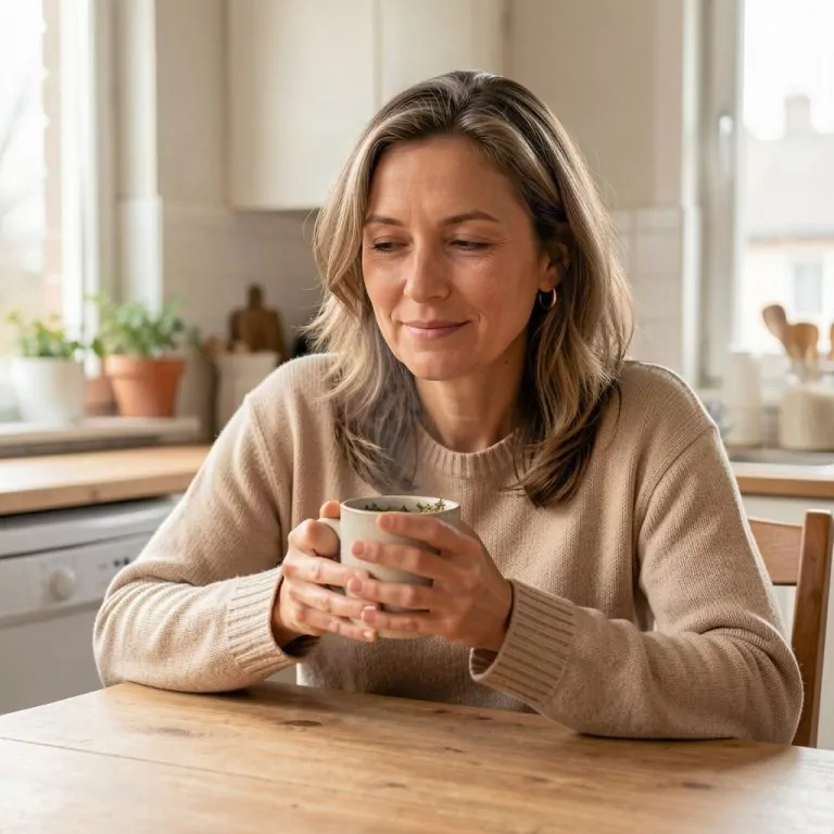 Femme assise à une table de cuisine, mains autour d'une tasse de thé, expression apaisée — ashwagandha et anxiété