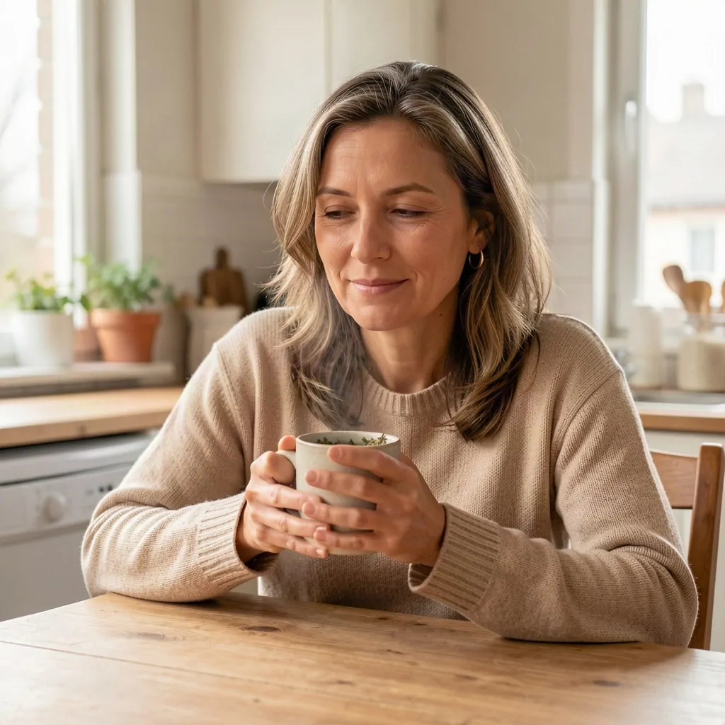 Femme assise à une table de cuisine, mains autour d'une tasse de thé, expression apaisée — ashwagandha et anxiété