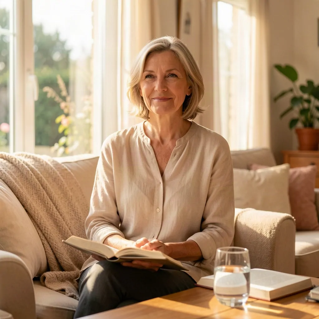 Femme de 45-50 ans dans un espace naturel lumineux, expression sereine — ashwagandha et ménopause