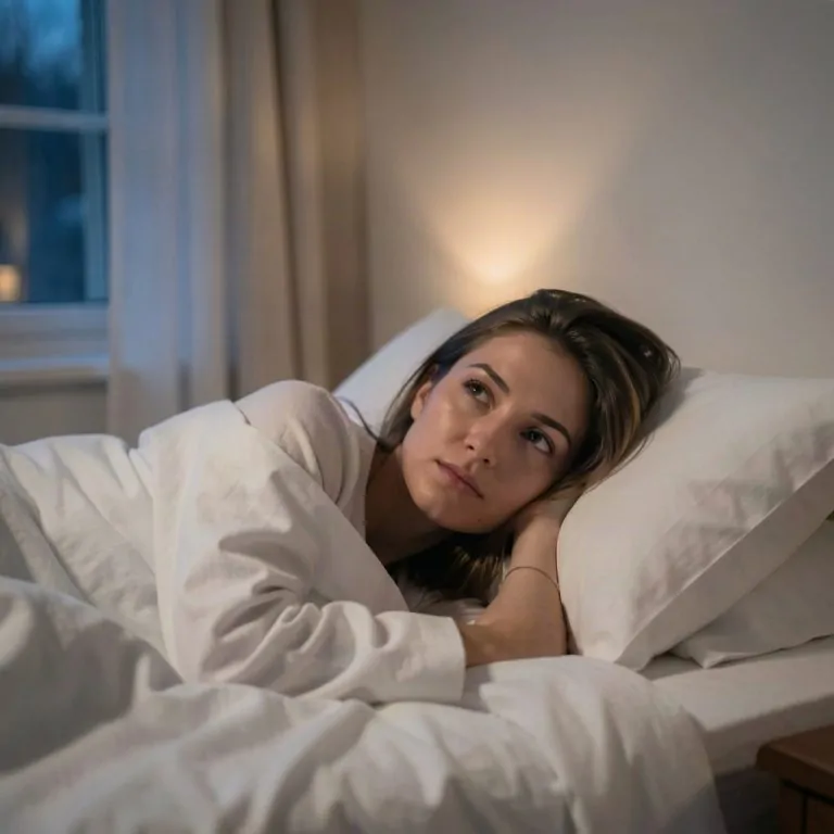 Femme allongée la nuit, pensées qui s'emballent, regard dans le vide — ruminer la nuit et cortisol