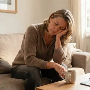 Femme épuisée appuyée contre un mur, fatigue visible malgré une nuit de sommeil — fatigue chronique et cortisol