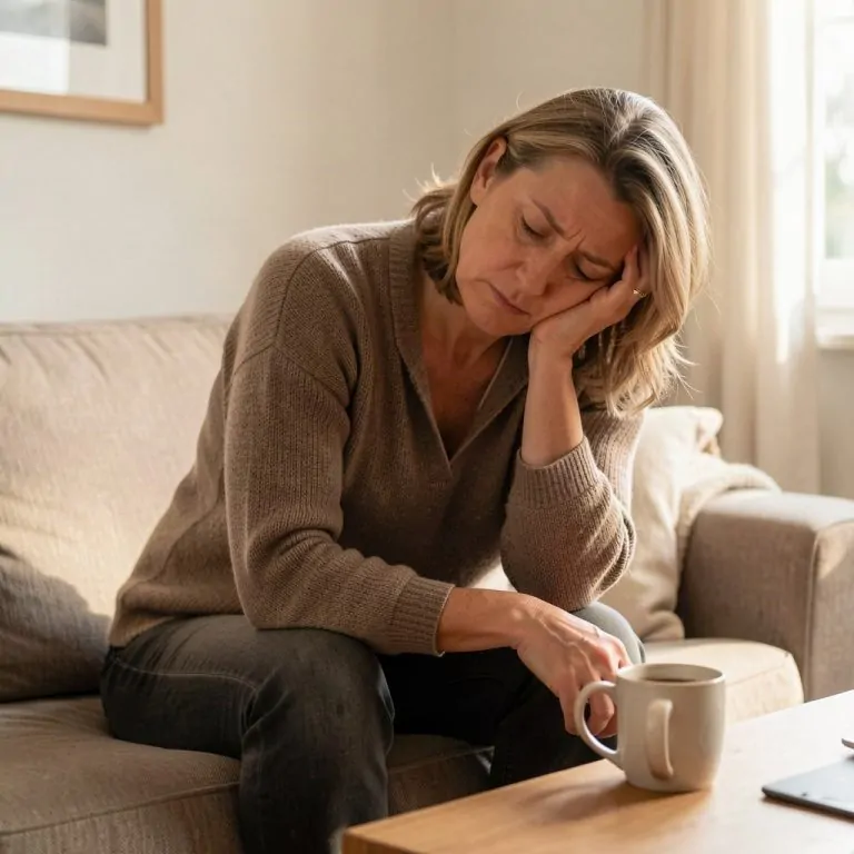 Femme épuisée appuyée contre un mur, fatigue visible malgré une nuit de sommeil — fatigue chronique et cortisol