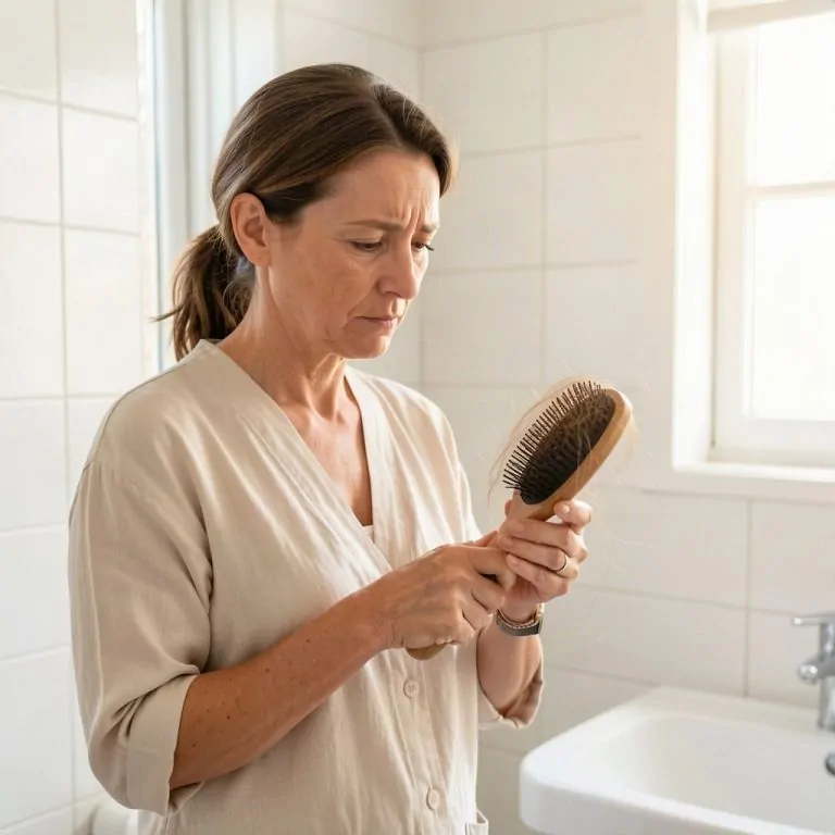 Femme regardant ses cheveux dans un miroir, inquiète face à la perte — stress et chute de cheveux cortisol