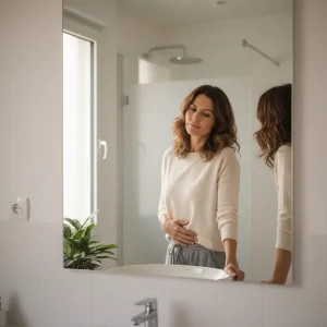Femme regardant son ventre dans un miroir de salle de bain — ventre de cortisol et stockage abdominal
