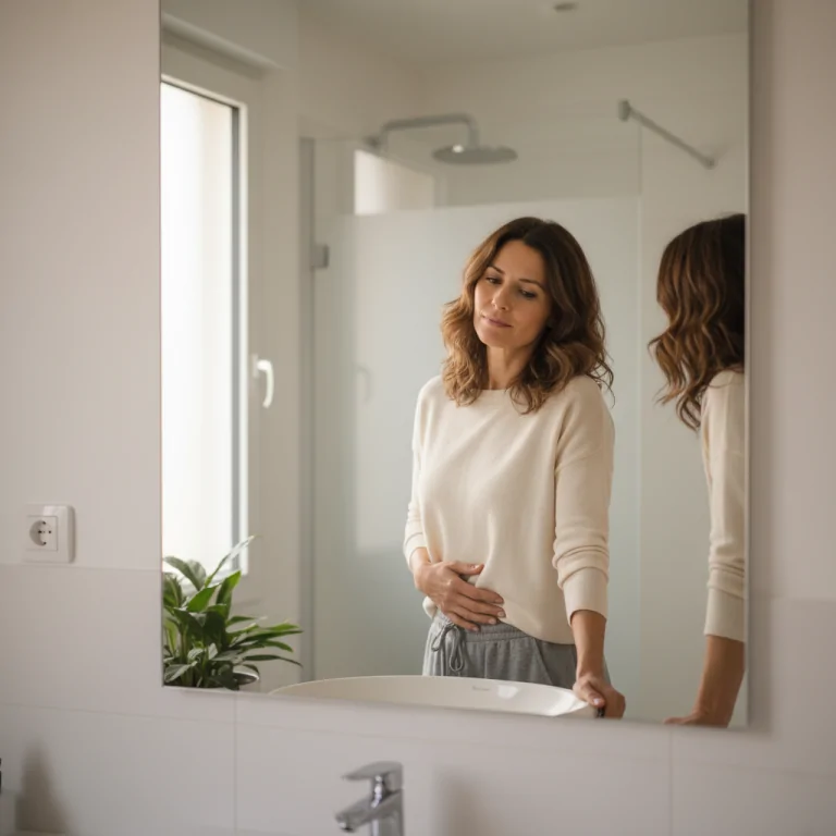 Femme regardant son ventre dans un miroir de salle de bain — ventre de cortisol et stockage abdominal