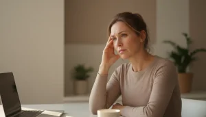 Femme souffrant de brouillard mental causé par le stress chronique et l'excès de cortisol — concentration et mémoire affectées