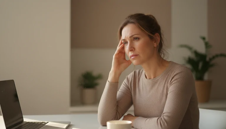 Femme souffrant de brouillard mental causé par le stress chronique et l'excès de cortisol — concentration et mémoire affectées