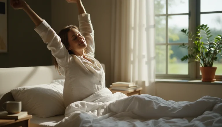Femme se réveillant reposée après 5 nuits avec l'ashwagandha Shoden® — témoignage sommeil réparé